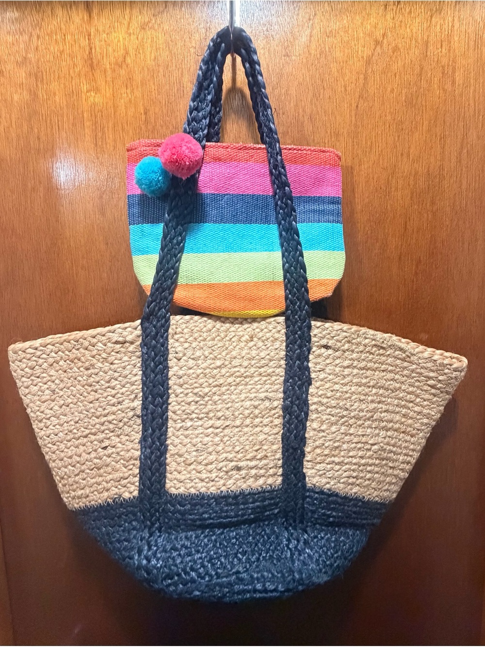 Woven Two-Tone Straw Tote with Colorful Stripe Pouch